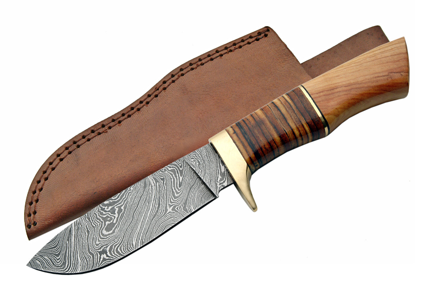 9.5" HANDMADE DAMASCUS STACKED LEATHER & OLIVE WOOD HUNTER