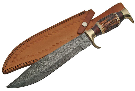 16.25" HANDMADE DAMASCUS STAG BOWIE