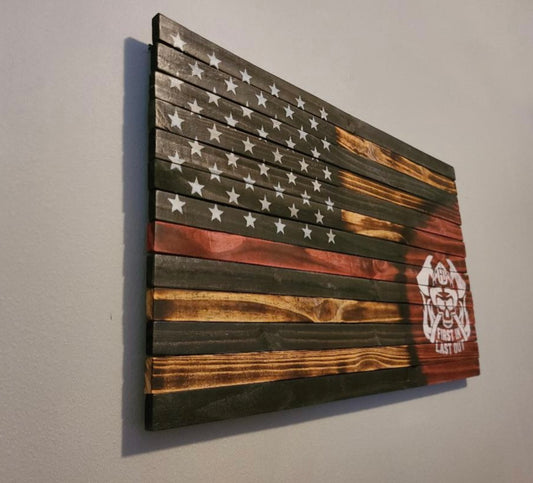Firefighter Wooden American Flag with Red Line