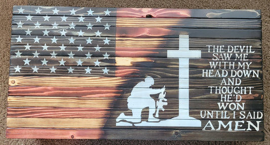Military Kneeling Cross and Saying Wooden American Flag