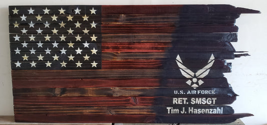 U.S. Air Force and Custom Logo Wooden American Flag with Jagged Edge