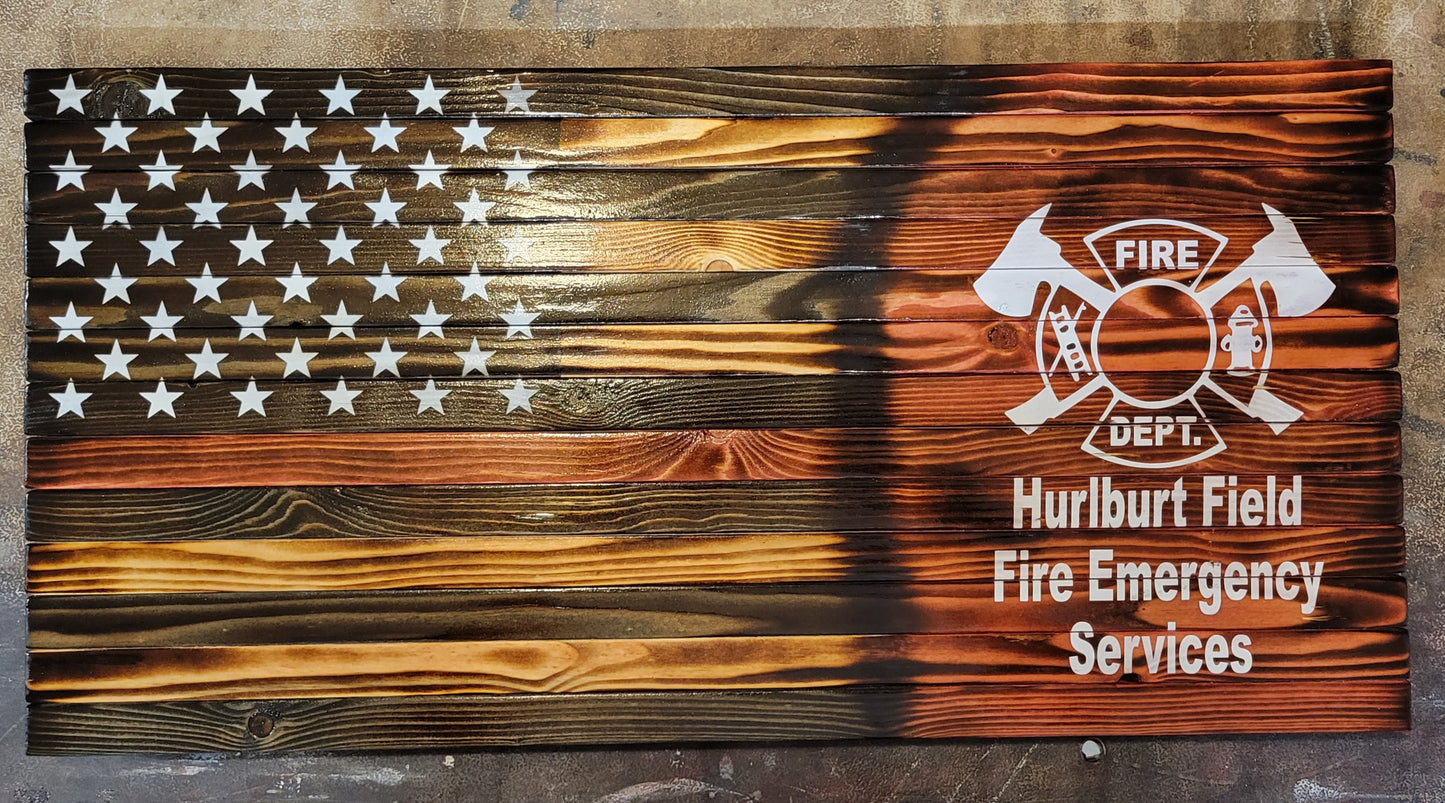 Firefighter Wooden American Flag with Red Line and Custom Logo