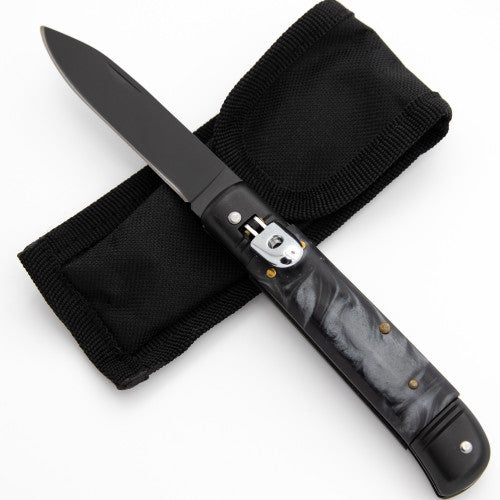 Splayed Stars Lever Lock Automatic Knife with Black Pearl Handle