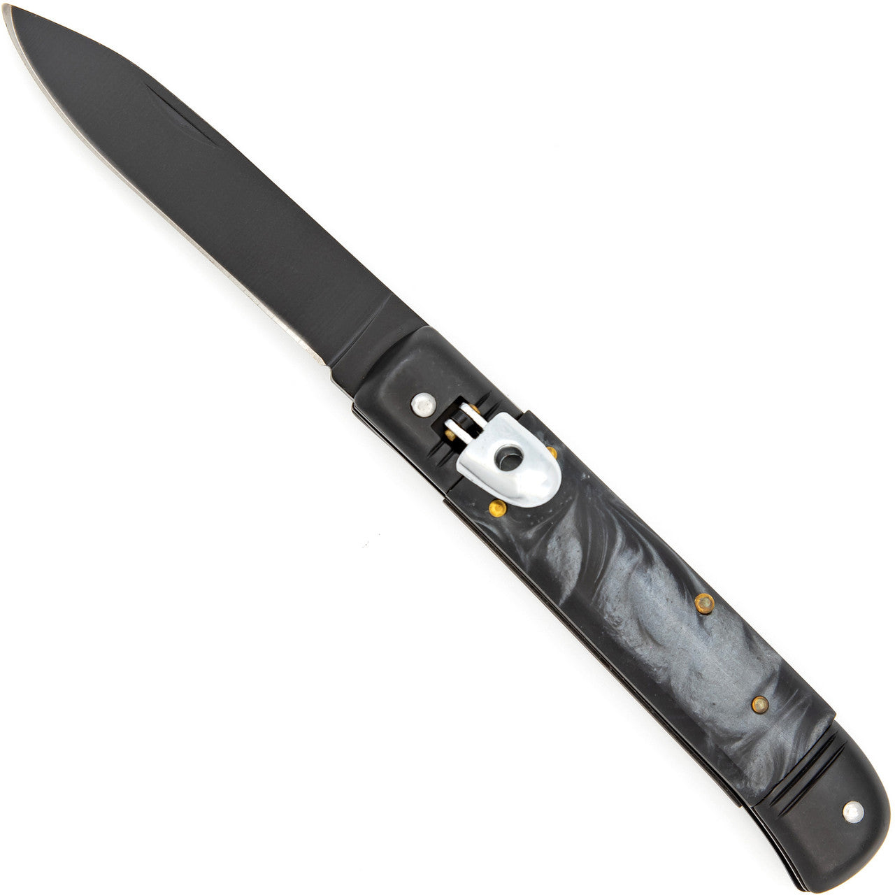 Splayed Stars Lever Lock Automatic Knife with Black Pearl Handle