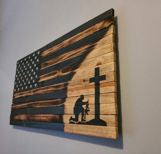 Military Kneeling Cross Wooden American Flag
