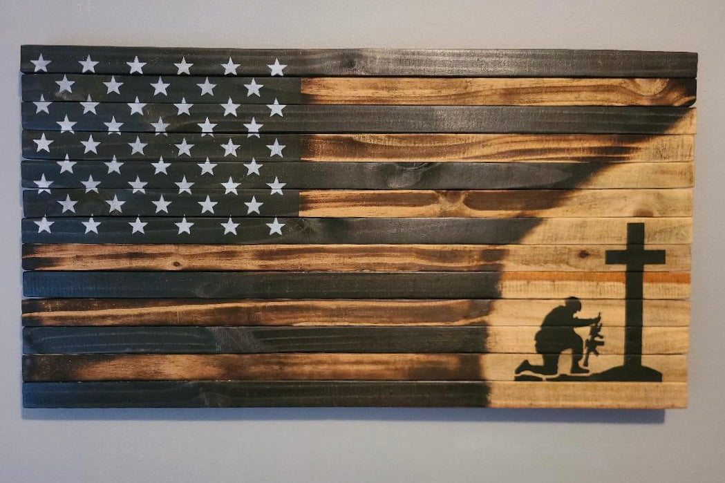 Military Kneeling Cross Wooden American Flag
