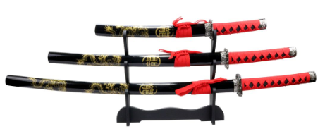 3 Piece Dragon Samurai Katana Sword Set - Black and Red
