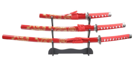 3 Piece Dragon Samurai Katana Sword Set - Red