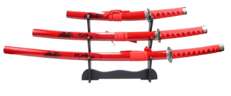 3pc Red Samurai Katana Sword Set