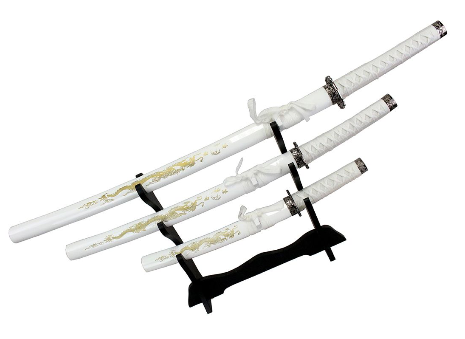 3 Piece Japanese Samurai Katana Sword Set - White