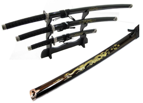3 Piece Japanese Samurai Katana Sword Set - Black