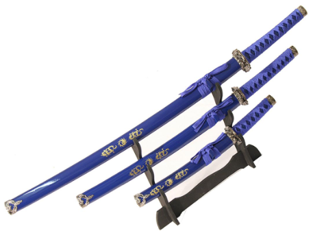 3 Piece Ying Yang Symbol Samurai Katana Sword Set - Blue