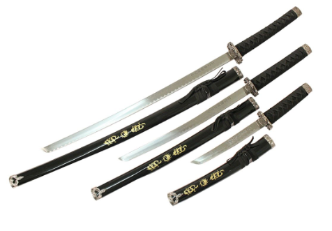 3 Piece Ying Yang Symbol Samurai Katana Sword Set - Black