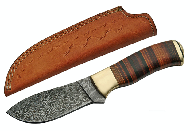 8.5" HANDMADE DAMASCUS BUFFALO STACKED LEATHER SKINNER