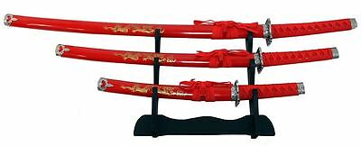 3 Piece Japanese Samurai Katana Sword Set Ninja - Red